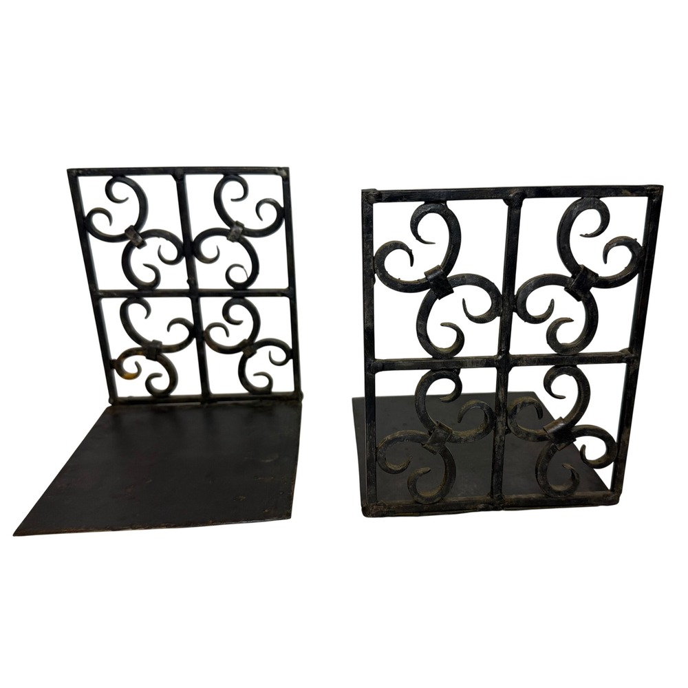 Vintage Wrought Iron Bookends Pair Ornate Scrollwork Gothic Black Metal 2pc